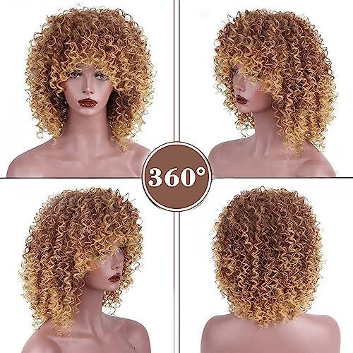 Brown to Blonde Afro Curly Wig for Black Women with Bangs - Synthetic Heat-Resistant Hair, 15 Inch, Adjustable Size