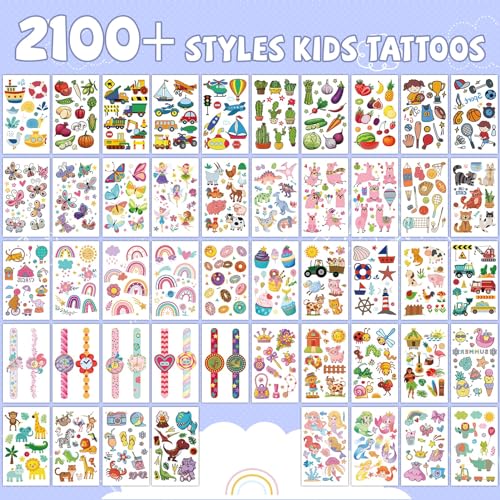 EMOME 2100+ Styles Tattoos for Kids, 168 Sheets Temporary Tattoos for Kids Party Favors Birthday Decorations, Mermaid Truck Dinosaur Tattoos Stickers for Girls Boys, Halloween Goodie Bag Stuffers