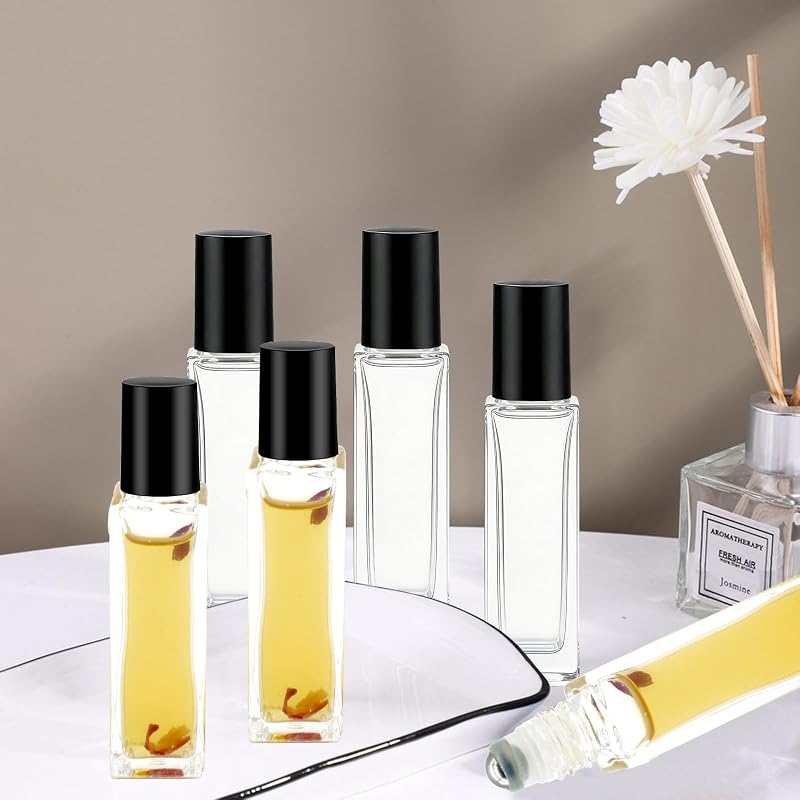 Black 25 Pcs 10 ml Square Glass Roller Bottles for Essential Oils with Funnels