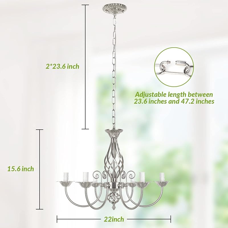 VerRon 6-Light Farmhouse Candle Chandelier - Brushed Nickel + 22" Chain