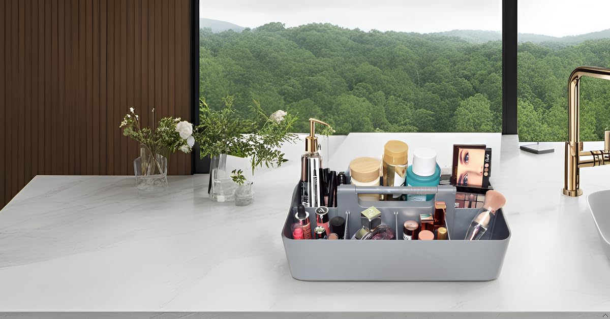 New Plastic Portable Makeup Organizer Caddy Tote Divided Basket Bin with Handle, for Bathroom Storage - Holds Blush Makeup Brushes, Made In USA (Orion Gray)