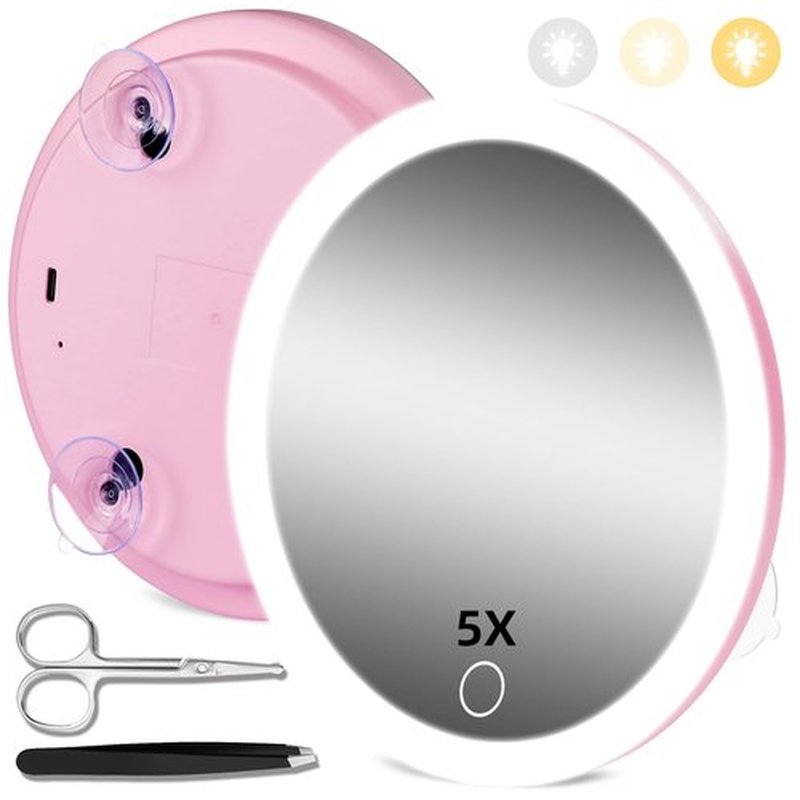 5X Magnifying Mirror with Light, Magnifying Mirror with 3 Suction Cups, Lighted Makeup Magnifying Mirror 3 Color Dimmable Travel Magnifying Mirror, Large 5X Magnified Mirror with Tweezers and Scissors