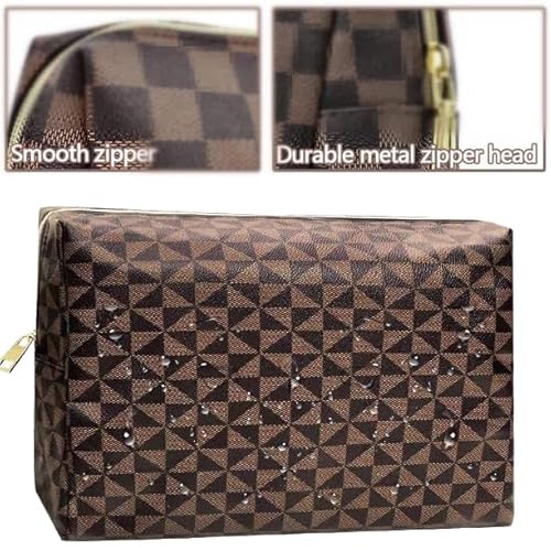 Leather Checkered Makeup Bag, 2 Pack Portable Cosmetic Bag, Large Capacity Waterproof Travel Toiletries Bag for Women, Christmas Gifts