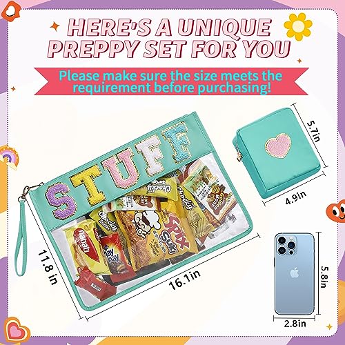 Large Chenille Letter Bag, 2 PCS Preppy Stuff Clear Bag, PU Waterproof Snack Makeup Sunscreen Bag Travel Cosmetic Pouch, Gift for Women Girls