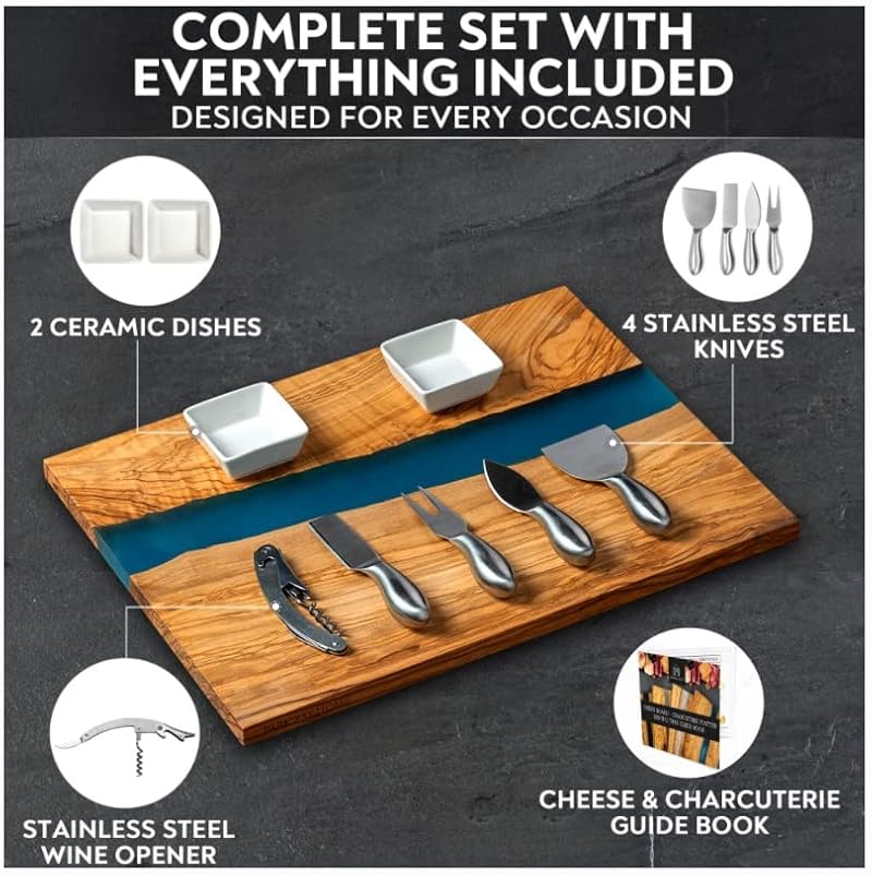Italian Olive Wood Cheese & Charcuterie Board Set with Blue Resin Artwork - Includes 4 Knives, Dipping Bowls & Corkscrew (Blue)