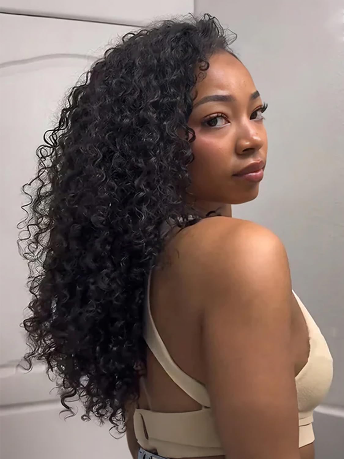 ISEE Half Wig Human Hair Water Wave Human Hair Glueless Wigs Seamless Clip Ins Flip Over Wear Go Wig Invisible Hairline Beginner Friendly 24 Inch