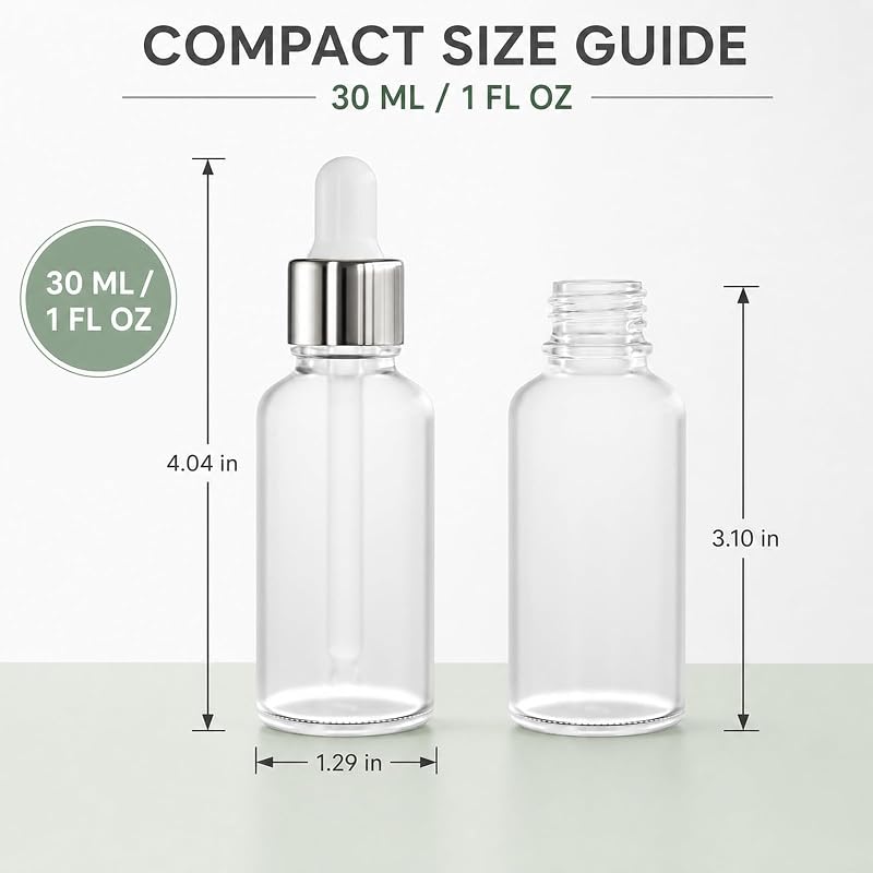 PrettyCare 24 Pack 1oz (30ml) Frosted Glass Eye Dropper Bottles with Leakproof Silver Caps, Labels & Funnels