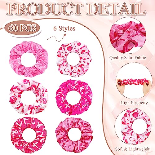 Breast Cancer Awareness Scrunchies Set - Pink Satin Hair Ties, 60pcs