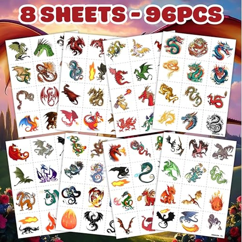 96PCS Dragon Pre-cut Temporary Tattoos Birthday Party Supplies Favors Decorations Knight Dragon Super Cute Fake Tattoos Stickers for Kids Boys Girls School Classroom Rewards Gifts Ideal Halloween