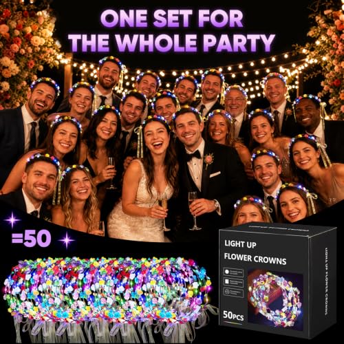 Chicloop 50 pcs LED Flower Crowns Headbands with Ribbons for Women & Kids