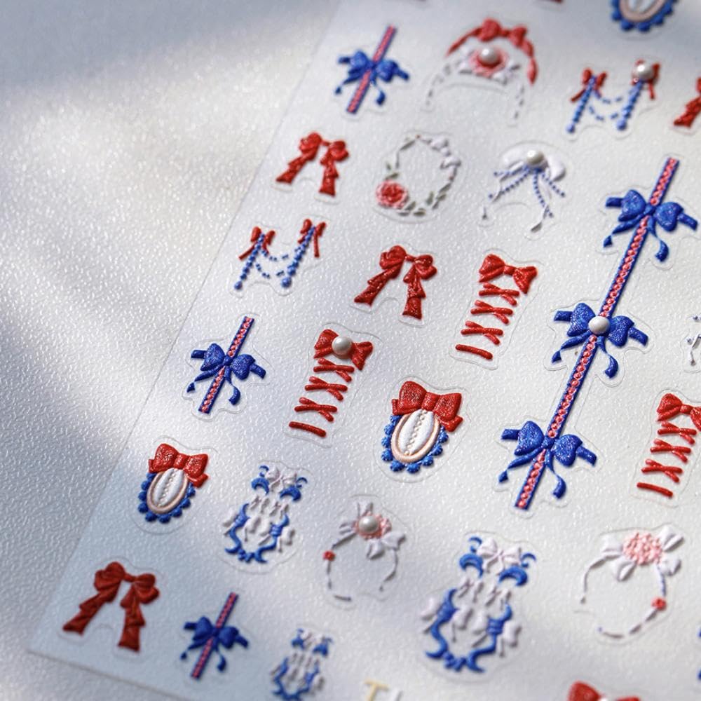 Red Blue Nail Stickers Bow Nail Art Decals Cartoon Nail Sticker for Nails Art Self Adhesive 5D Embossed with Pearl Design Manicure Supply Decoration Accessories for Women Girls Kid