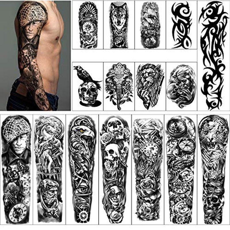 Full Arm Temporary Tattoos 8 Sheets and Half Arm Shoulder Waterproof Tattoos 8 Sheets, Extra Large Tattoo Stickers for Men and Women (22.83"X7.1")