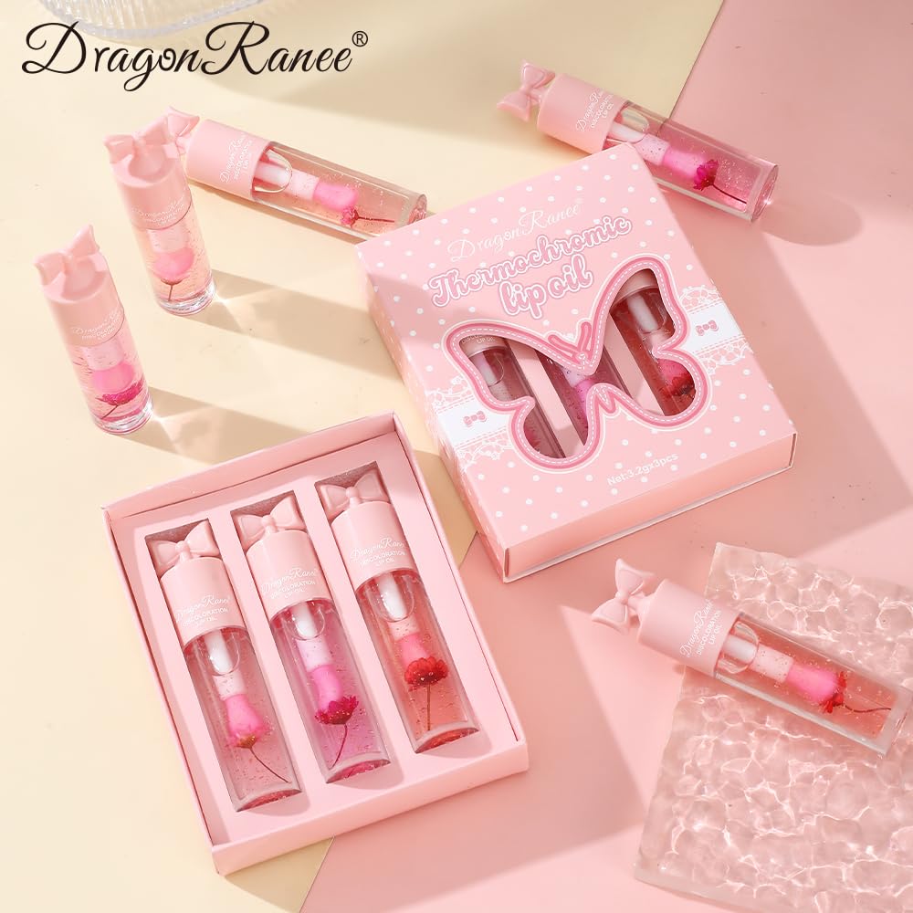 3Pcs Color Changing Lip Oil Set with Flowers & Gold Foil – pH Thermochromic Mood Lip Gloss, Hydrating Magic Lipstick, Long Lasting Moisture Tint Balm, Clear to Pink Color Shift Lipgloss for Women