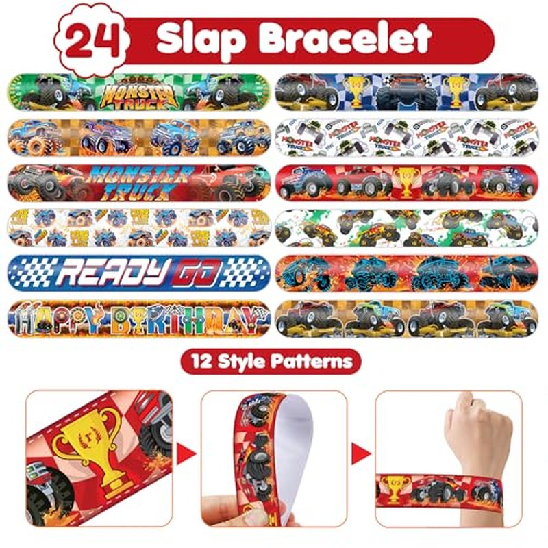 48PCS Monster Truck Party Set - 24PCS Temporary Tattoos & 24PCS Slap Bracelets - Off-Road Birthday Supplies, Baby Shower Gifts, Classroom Rewards & Party Decor for Kids (Boys & Girls)