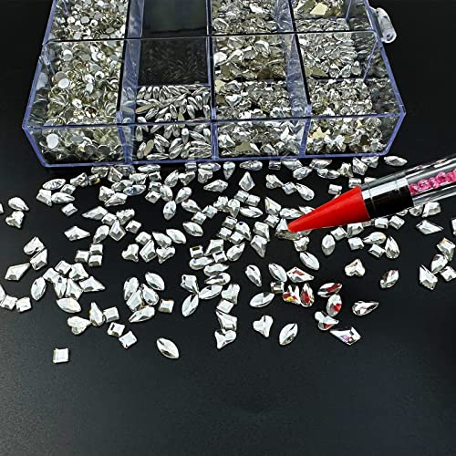 HUETFAT 14 Shaped Clear Nail Rhinestones for Art +6 Size Round Flatback Nails-Silver Charms with Wax Pen