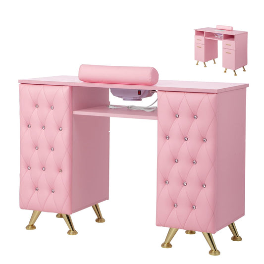OmySalon Manicure Table w/Dust Collector, Nail Desk for Nail Tech, Nail Station with Storage, for Makeup Beauty Spa Salon, w/Hand Rest, Acetone Resistant, Pink & Diamond