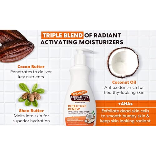 Palmer's Cocoa Butter Formula Retexture & Renew Exfoliating Body Lotion for Rough & Bumpy Skin, Triple Action Moisturizers + AHAs, Pump Bottle, 13.5 Ounce (Pack of 2)