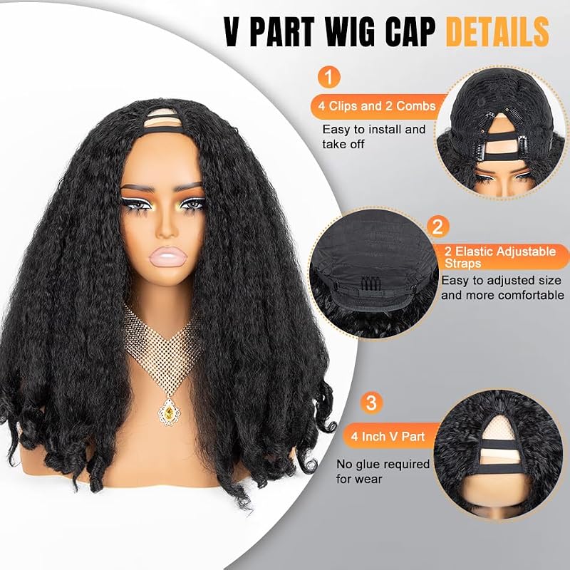 Tmlkhl Black Afro V Part Curly Wig 20 Inch Kinky Curly Synthetic Hair