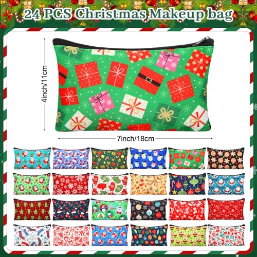 24 Pieces Makeup Bags Bulk Canvas Cosmetic Bags Purse Organizer Zipper Cosmetic Pouch Portable Travel Toiletry Pouch for Women Men Gifts, 7 x 4 Inch (Christmas)