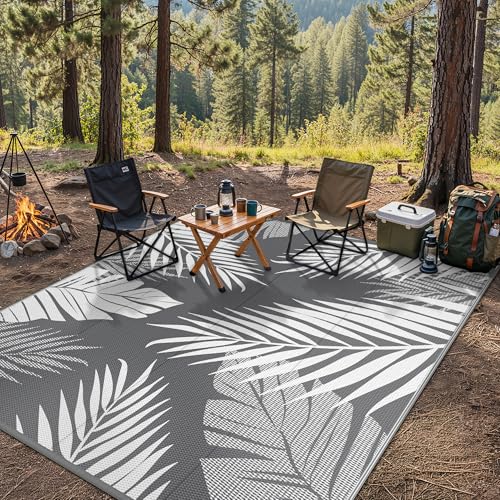 Outdoor Rug 8x10 ft Waterproof Plastic Rug with Palm Leaf Design - Grey & White
