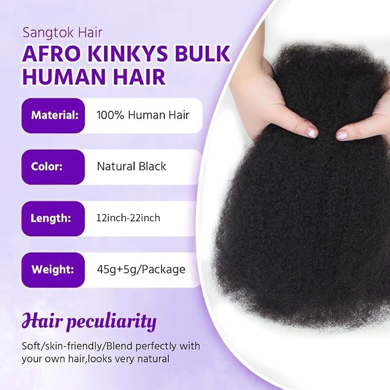 Bulk 50g 12 Inch Afro Kinky Human Hair for Braids, Dreadlocks & Locs - Black