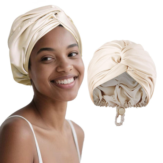 ZXYCLOPS Adjustable double-layer silk satin nightcap, suitable for wrapping hair while sleeping, for long curly hair, woven champagne color