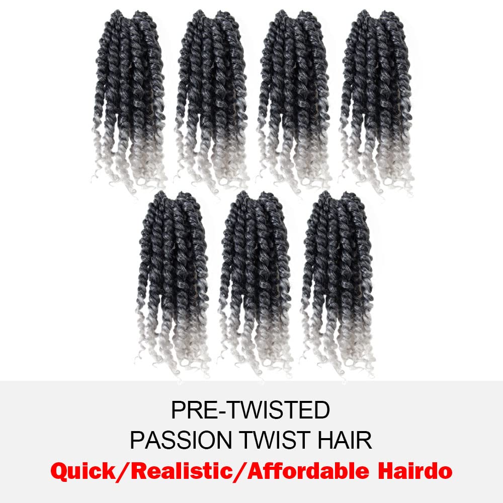 WUDAS Short Passion Twist Hair 6 Inch Pre-twisted Passion Twists Crochet Hair Ombre Grey Pre-looped Synthetic Crochet Braids (8 Packs,TGrey)