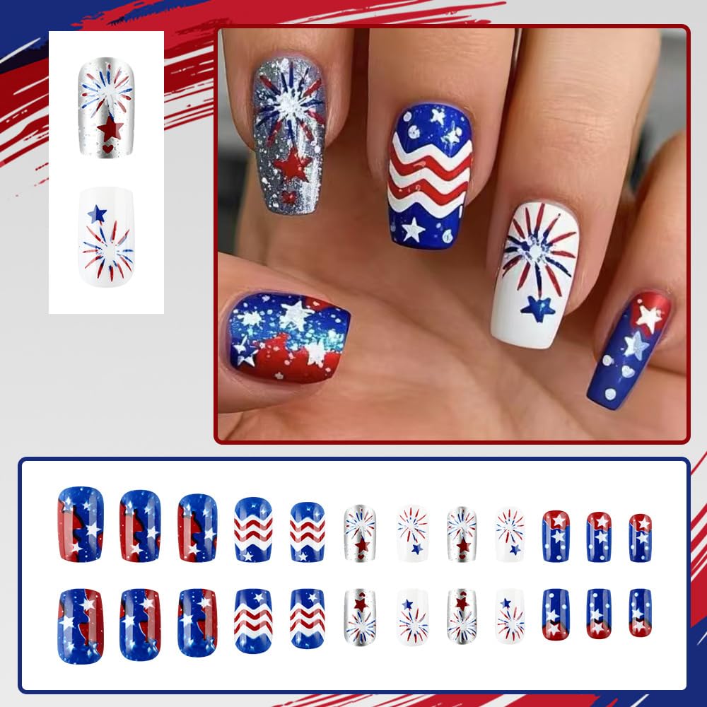 24 Pcs 4th of July Press On Nails Short Square,YEFIUO Blue Silver White Fake Nails Press ons Nail Art Tips Acrylic Nail Kit Glue on Nails Full Cover False Nails with Independence Day Design for Ma'am