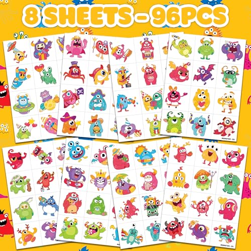 96 PCS Monster Pre-Cut Temporary Tattoos for Kids | Super Cute Monster Themed Birthday Party Favors, Supplies, Decorations, Fake Tattoo Stickers, School Rewards Prizes & Gifts for Boys & Girls