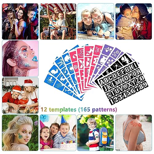 Temporary Glitter Tattoos Kit for Kids, 32 Colors, 165 Stencils, 3 Glue, 5 Brushes, 1 Powder Puff, Adults & Kids Arts Make Up Kit, Holiday Gifts for Girls & Boys