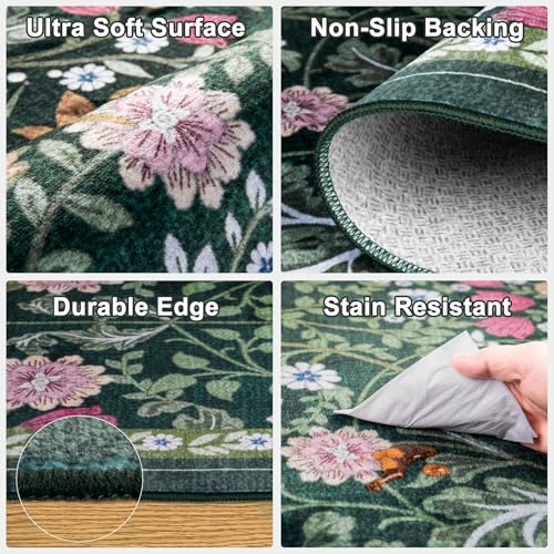 PLHXFR 8x10 Dark Green Floral Washable Area Rug for Living Room & Home