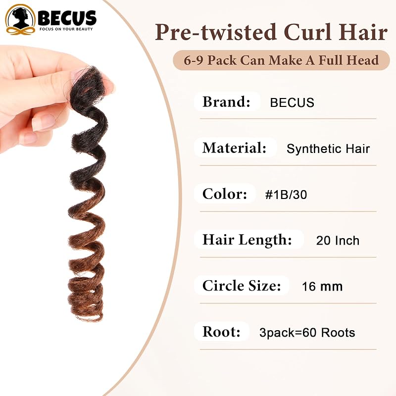 BECUS 20 Inch Jamaican Curly Crochet Hair Bundles, 3 Packs, Black Brown 1B/30 – 60 Roots