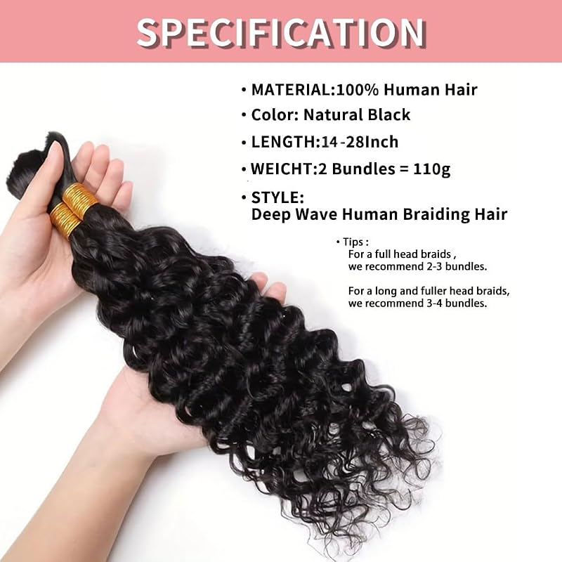 Deep Wave Human Braiding Hair Bundles 18 Inch – Brazilian Virgin Curly Hair for Boho Braids