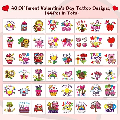 ANGOLIO 24 Valentine's Day Religious Temporary Tattoos for Kids Cartoon Love Heart Exchange Gifts Stickers Boys Girls Christian Valentine School Party Favors Tattoos for Class Prizes Carnival Rewards