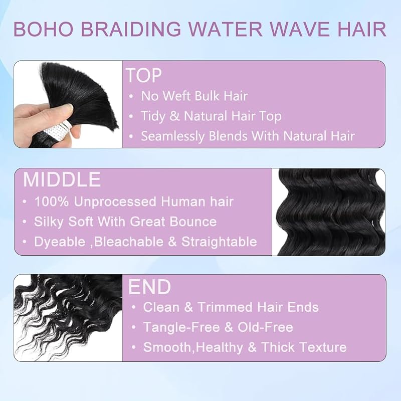 18 Inch Virgin Human Hair Bundles Water Wave 110g 2 Bundles No Weft Boho Braiding Hair Natural Color - variation: natural black+18