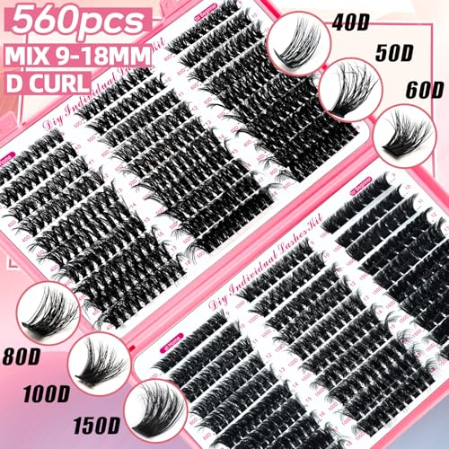 DIY Lash Extension Kit 772Pcs D Curl 4 styles Individual Lash with Bottom Lash Clusters Lash Bond and Seal,Quick Glue Remover Tweezers Eyelash Brush Mini Applicator (LASH003)