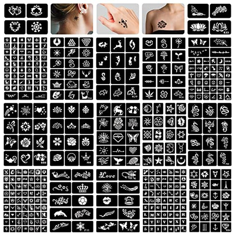 16 Sheets Henna Tattoo Stencils Reusable for Women Girls and Kids, 280+ PCS Tattoos Templates, Airbrush Tattoo Stencil