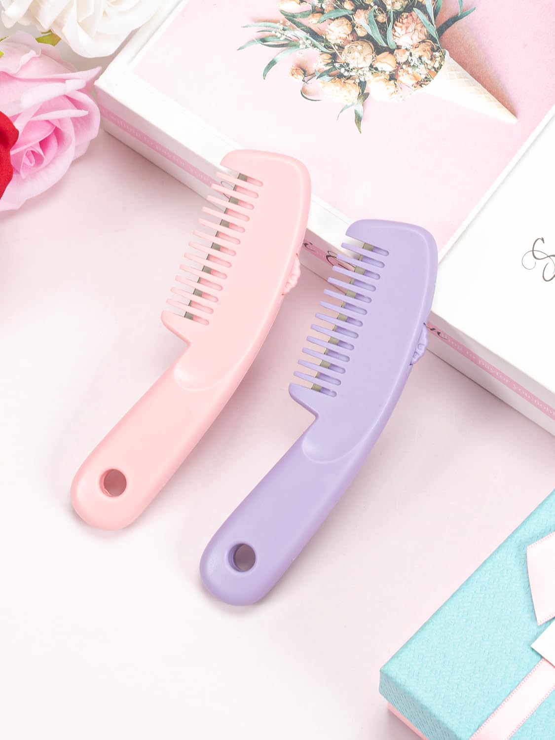 Razor Combs for Hair Cutting Women, 2 Pack Hairs Thinning Comb with 10 Pieces Blades, Split End Trimmer for Thick Hair (Purple and Pink)