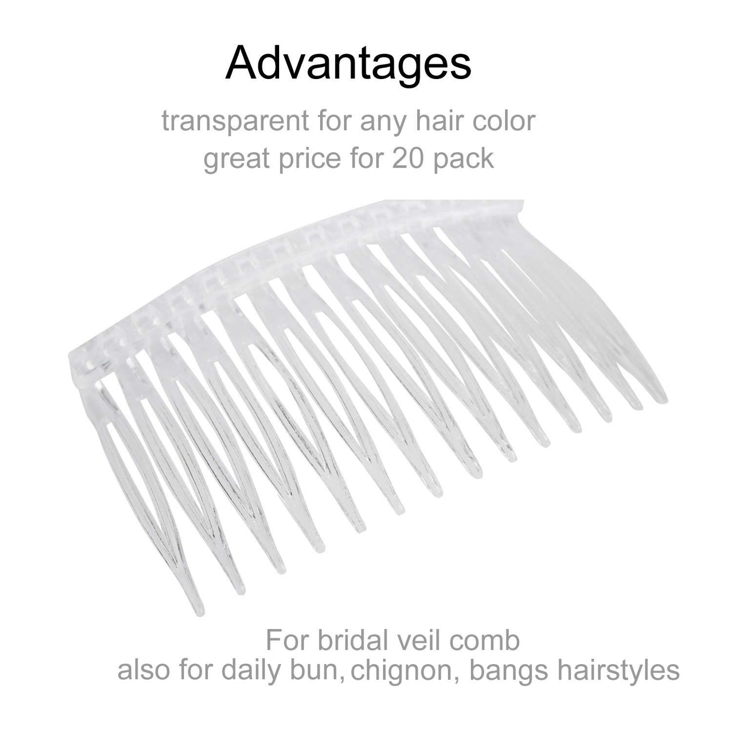 Lawie 20 Pack Clear Small Plastic Hair Side Comb With Long Teeth Thin Fine Gray Hair Pins White Mini Barrettes for Women Bridal Wedding Veil Decorative DIY Craft Headpiece French Twist Bun Accessories