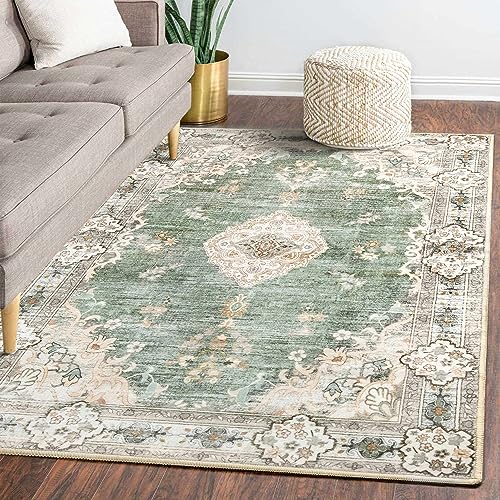 Green 5'x7' Washable Boho Area Rug Non-Slip Low-Pile Floral Accent