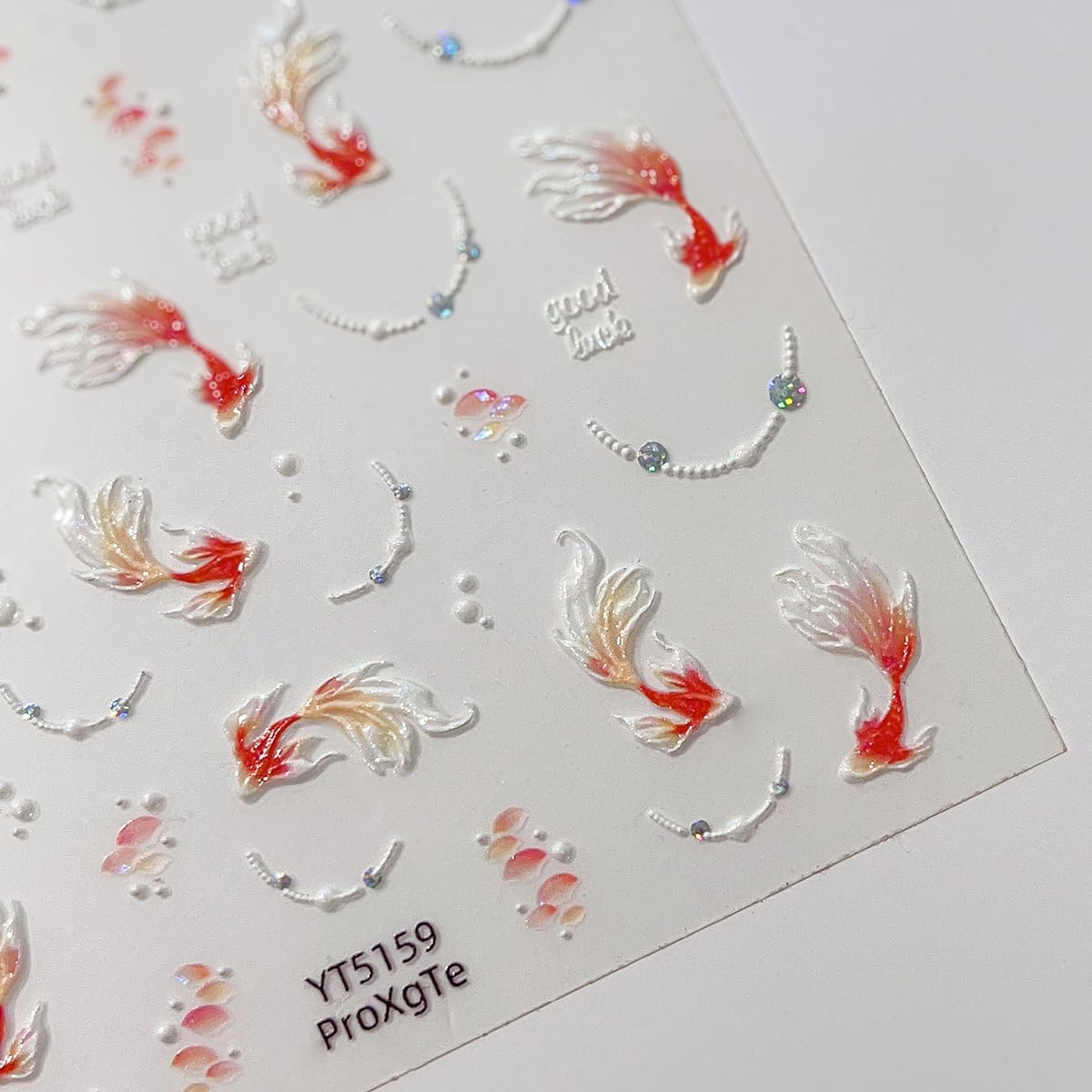 5D Embossed Koi Fish Nail Stickers Self-Adhesive Goldfish Nail Art Stickers Sparkly Koi Pearl Rhinestones Designs Cute Nail Art Supplies Glitter Nail Decals for Women Girls Acrylic Nail Salon DIY