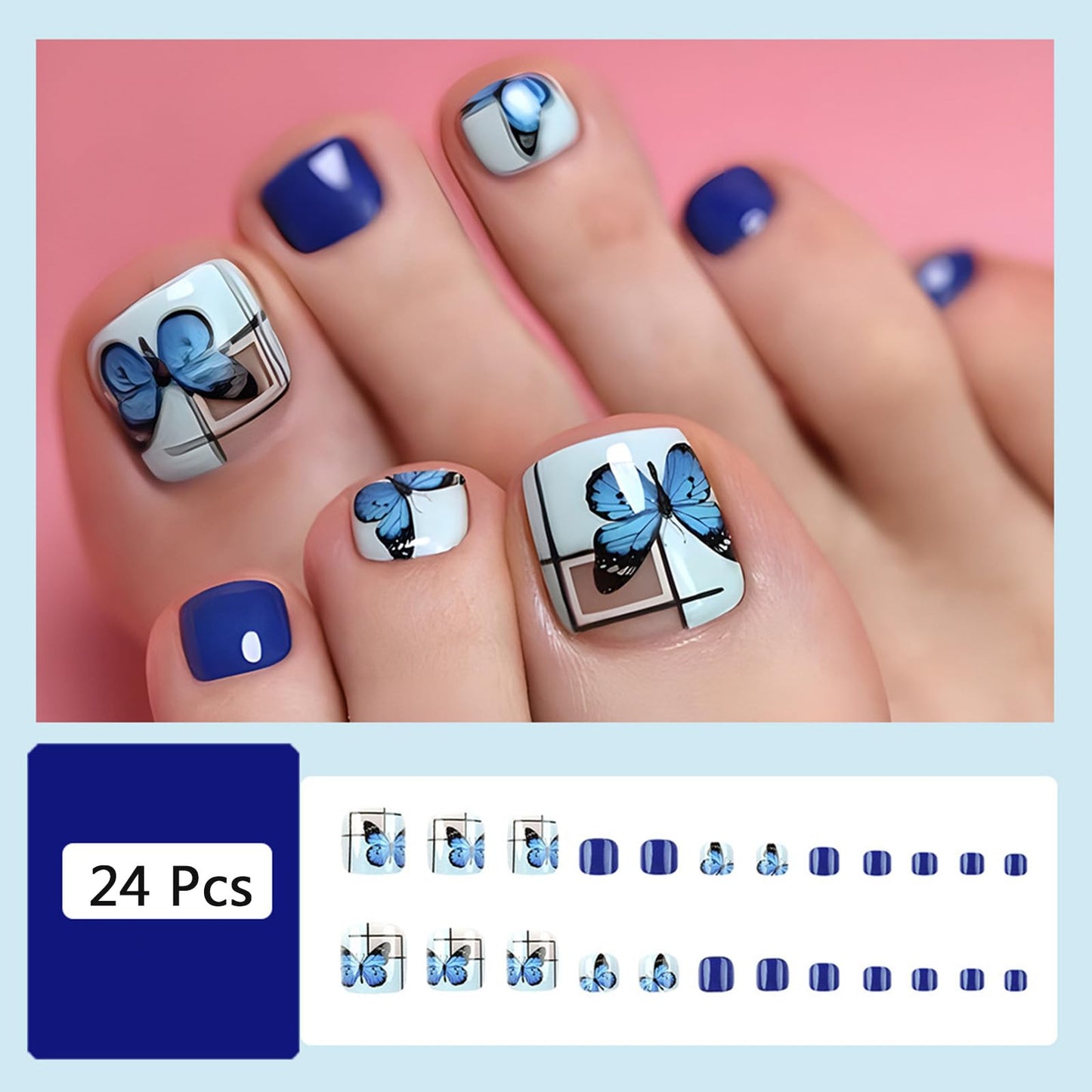 Dark Blue Press on Toenails Short Square Fake Toe Nails Blue Butterfly False Toenails Acrylic Toe Nail Press ons Gel Glue on Toe Nails Summer Toenail Press on Nails for Coquette Women 24Pcs
