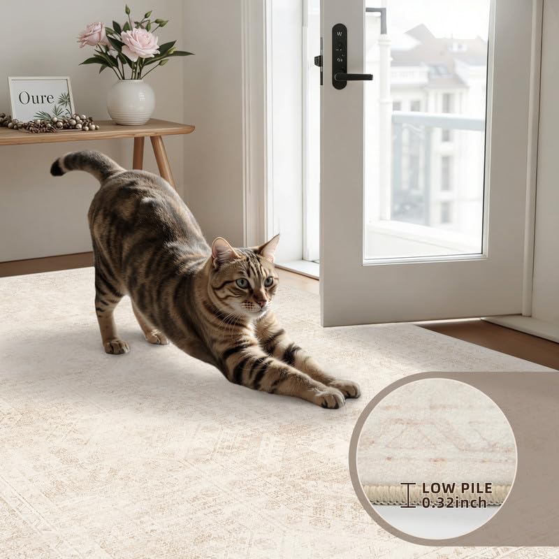 Round 8ft Washable Beige Area Rug - Soft Vintage Style Living Room Carpet with Non-Slip Backing