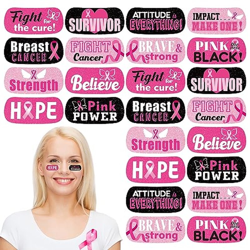 Landhoow 240 Pcs Pink Ribbon Breast Cancer Awareness Face Tattoos Stickers Bulk Ribbon Temporary Tattoo Glitter Eye Body Tattoo Stickers and Decals for Cancer Awareness Party Supply