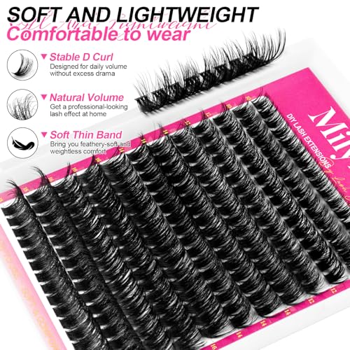 MilyBest Lash Clusters Kit Wispy, 10-18mm Fluffy Volume 100D Eyelash Clusters D Curl - Reusable DIY Lash Extension Kit for Beginners, Thick Cluster Eyelash Extensions with Bond and Seal Tweezers