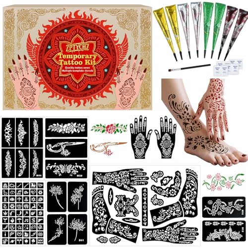 Kids & Adults Temporary Tattoo Kit with 8 Colors, Stencils & Ink - Waterproof & Safe