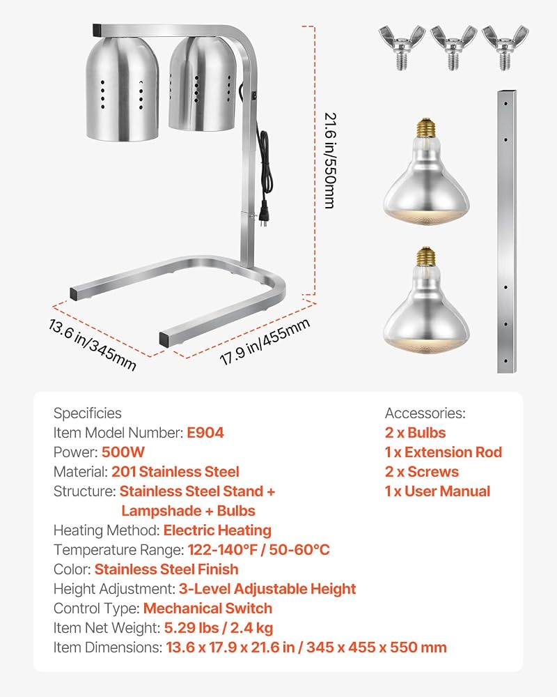 VEVOR Food Heat Lamp – 500W, 2x250W Infrared Bulbs, Free-Standing Stainless Steel Warmer
