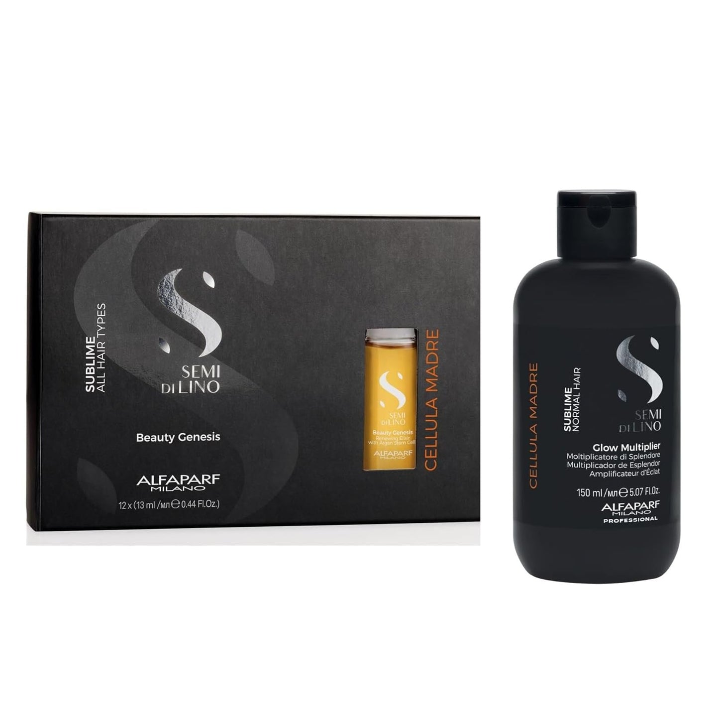 Alfaparf Milano Semi di Lino Cellula Madre Beauty Genesis and Glow Multiplier Set for Shine - Adds Remarkable Shine - For Beautifully Healthy Hair - Protects and Enhances Cosmetic Color