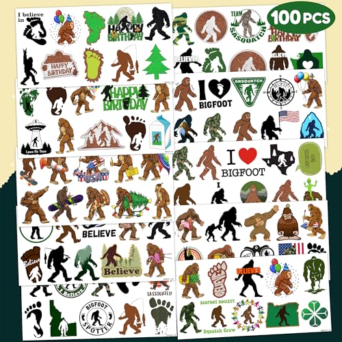 Bigfoot Temporary Tattoos 10 Sheets 100 PCS Bigfoot Jungle Party Decorations Favors Supplies Sasquatch Theme Birthday Cute Stickers Christmas Gifts for Boys Girls Class School Prizes Carnival