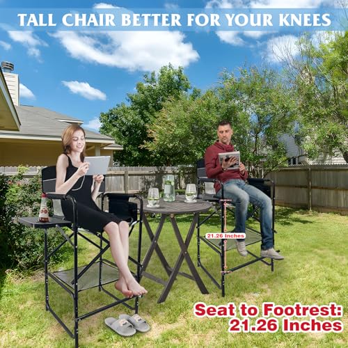 Black Tall Folding Director Chair with Side Table & Cosmetic Bag - 30.7" Seat Height, Supports 350 lbs